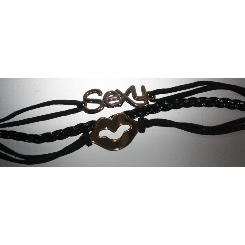 Multi Strand Charm Bracelet Black Faux Leather Gold Tone 7" Lips Sexy Braided